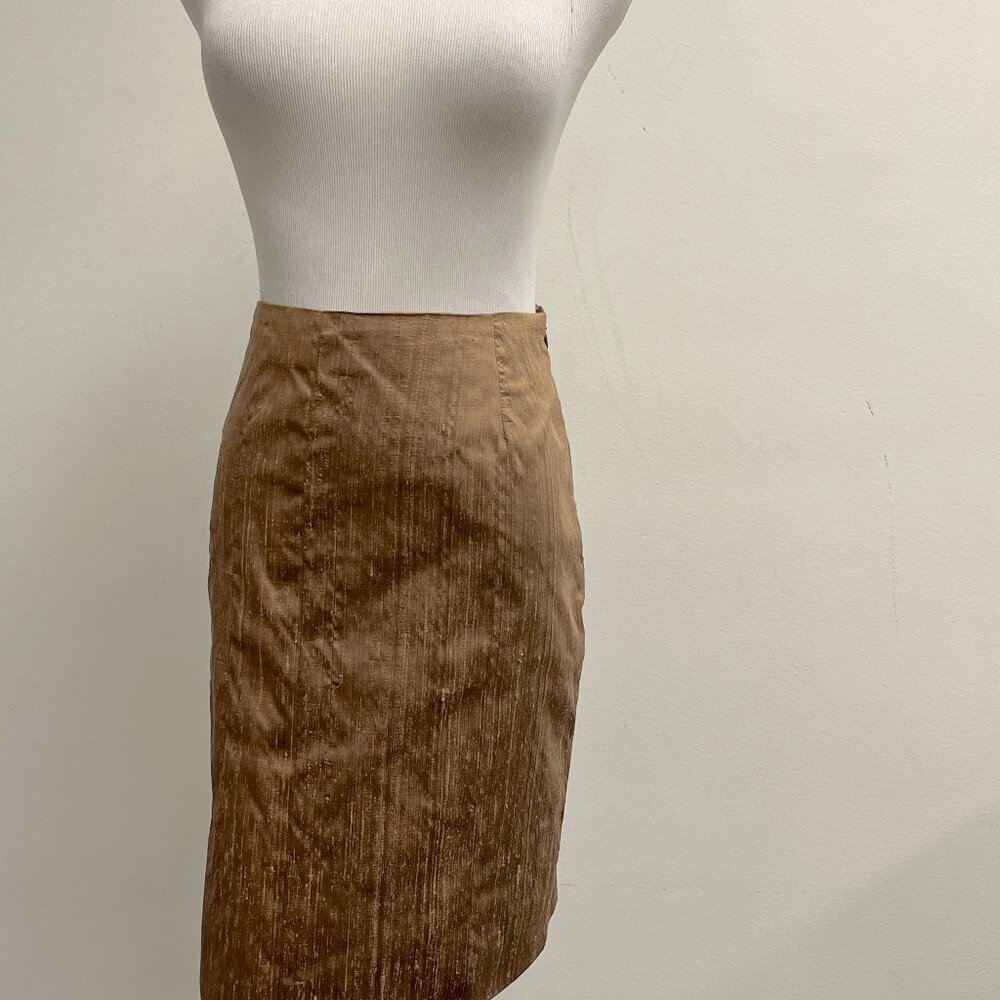Norma Kamali pencil skirt vintage brown silk shantung 10 made in USA lined